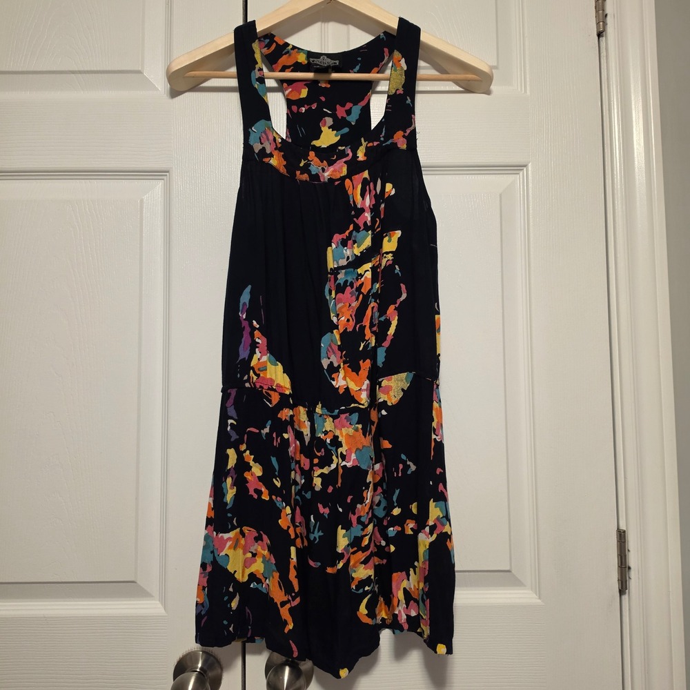 Angie Abstract Paint Splatter Print Racerback Rayon Mini Dress Black Small
